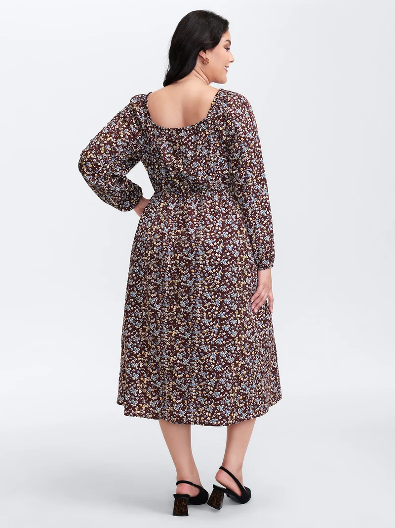 Floral Print Pockets Neckline Tie Maxi Dress