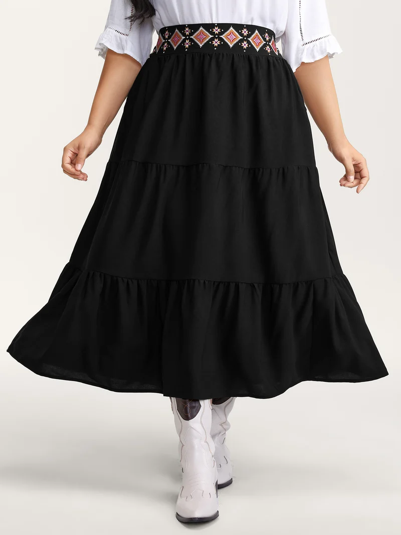 Boho Embroidered Wide Waistband Tiered Maxi Skirt