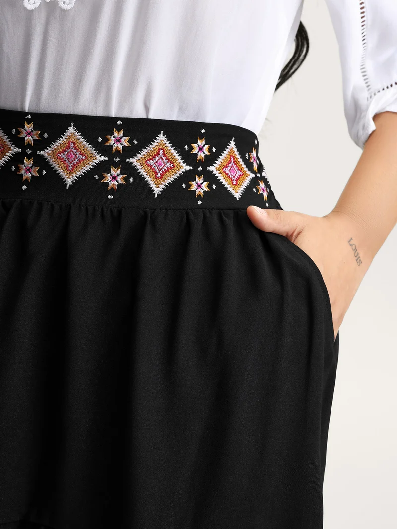 Boho Embroidered Wide Waistband Tiered Maxi Skirt