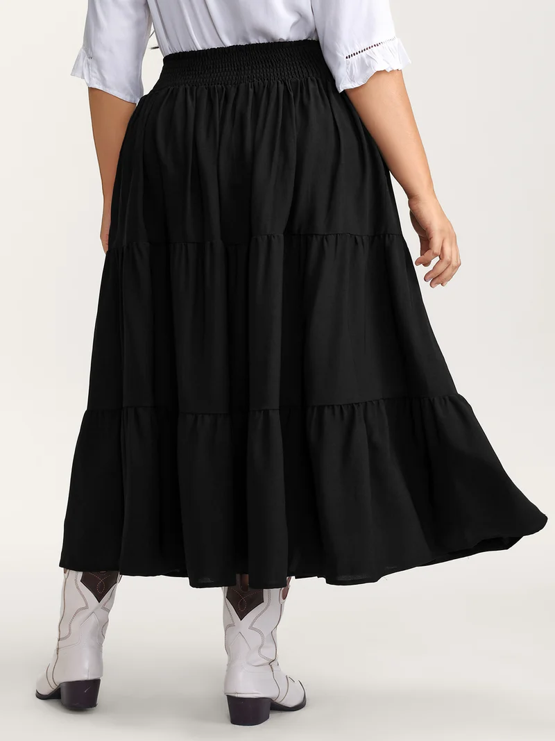 Boho Embroidered Wide Waistband Tiered Maxi Skirt