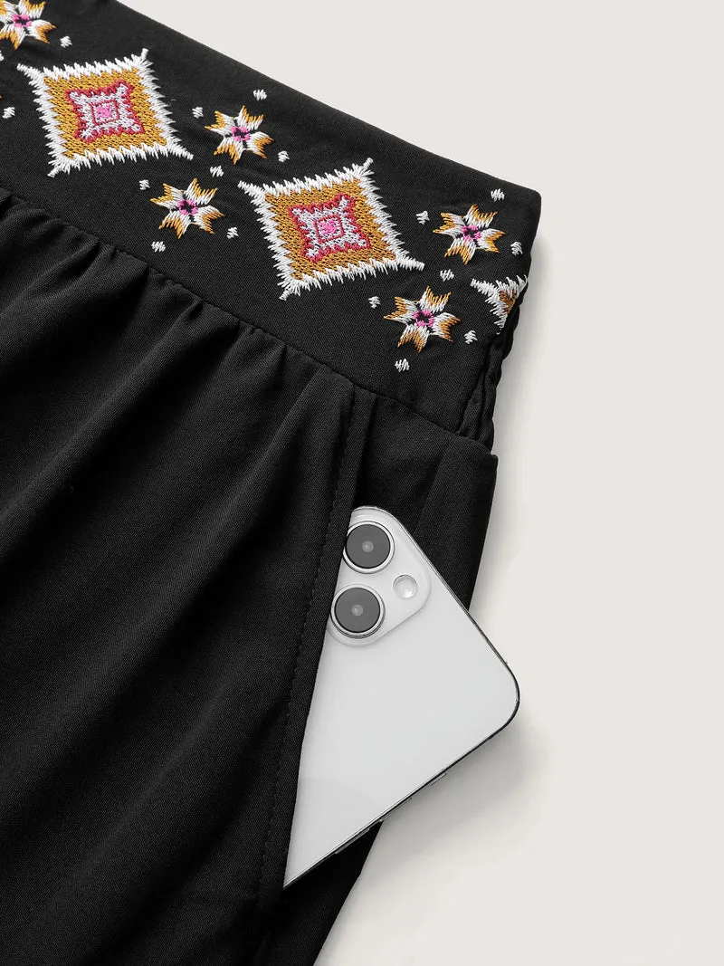 Boho Embroidered Wide Waistband Tiered Maxi Skirt