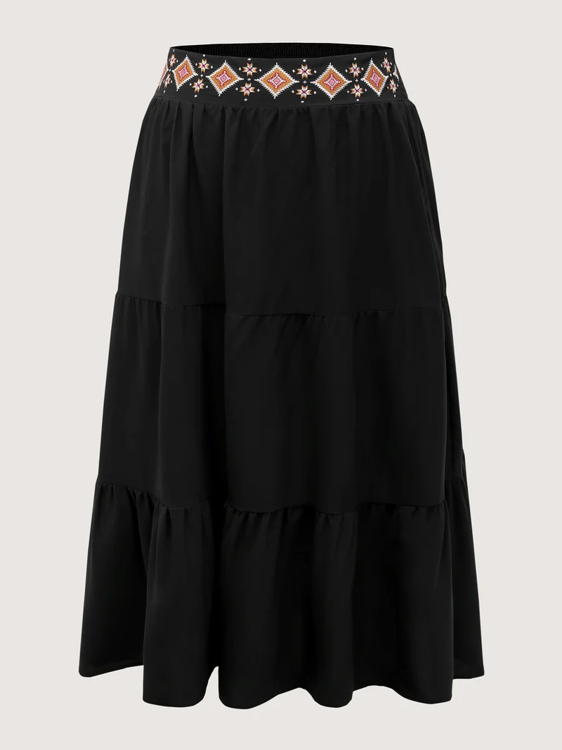 Boho Embroidered Wide Waistband Tiered Maxi Skirt