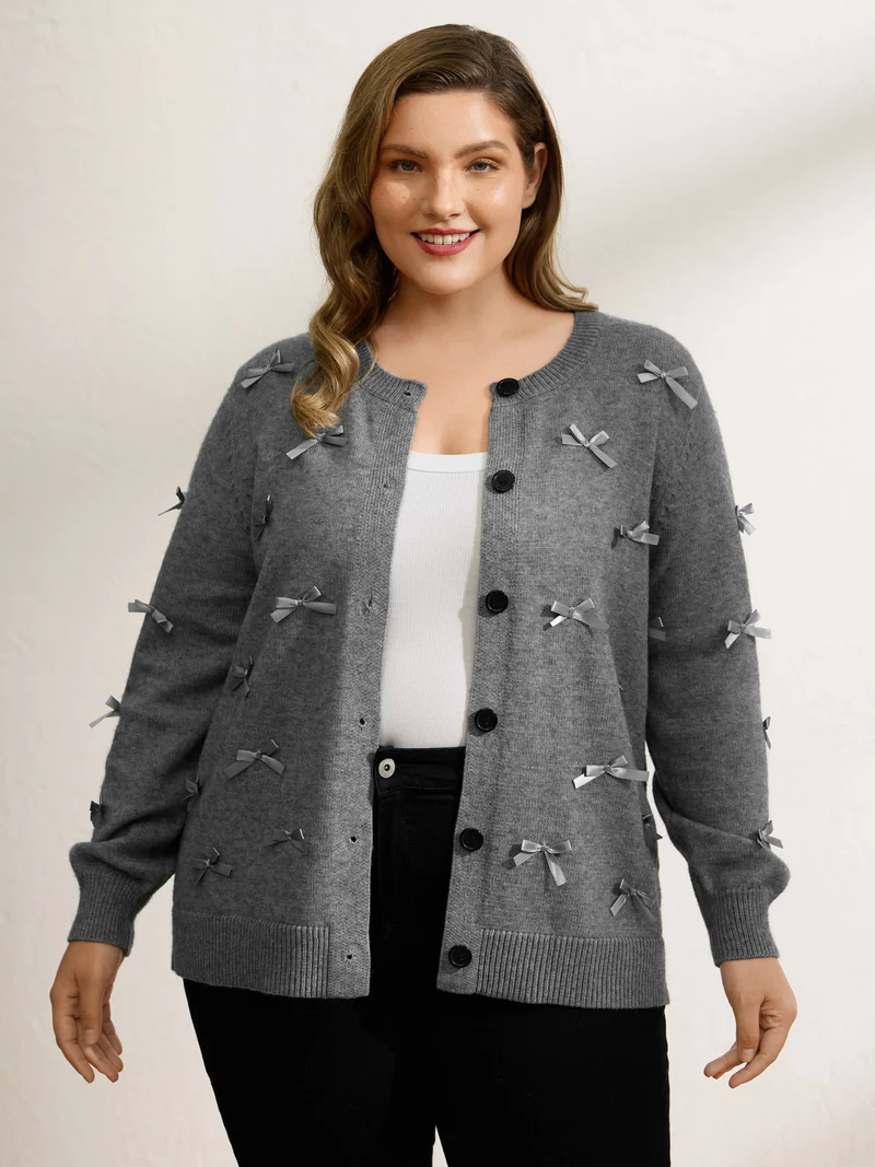 3D Bowknot Round Neck Knit Cardigan