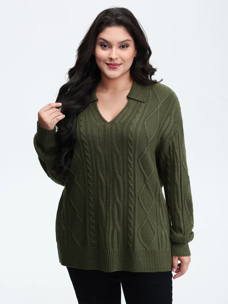 Cable Knit Polo Collar Pullover