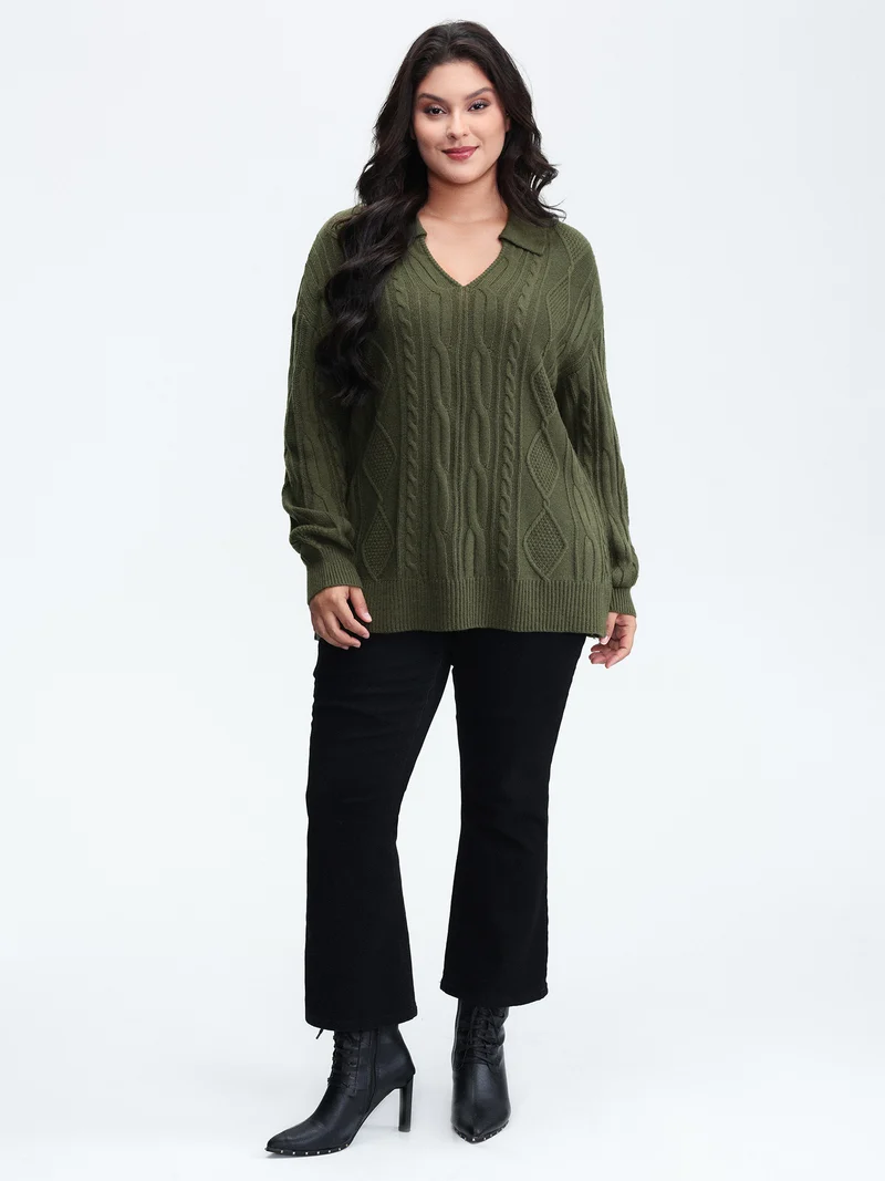 Cable Knit Polo Collar Pullover