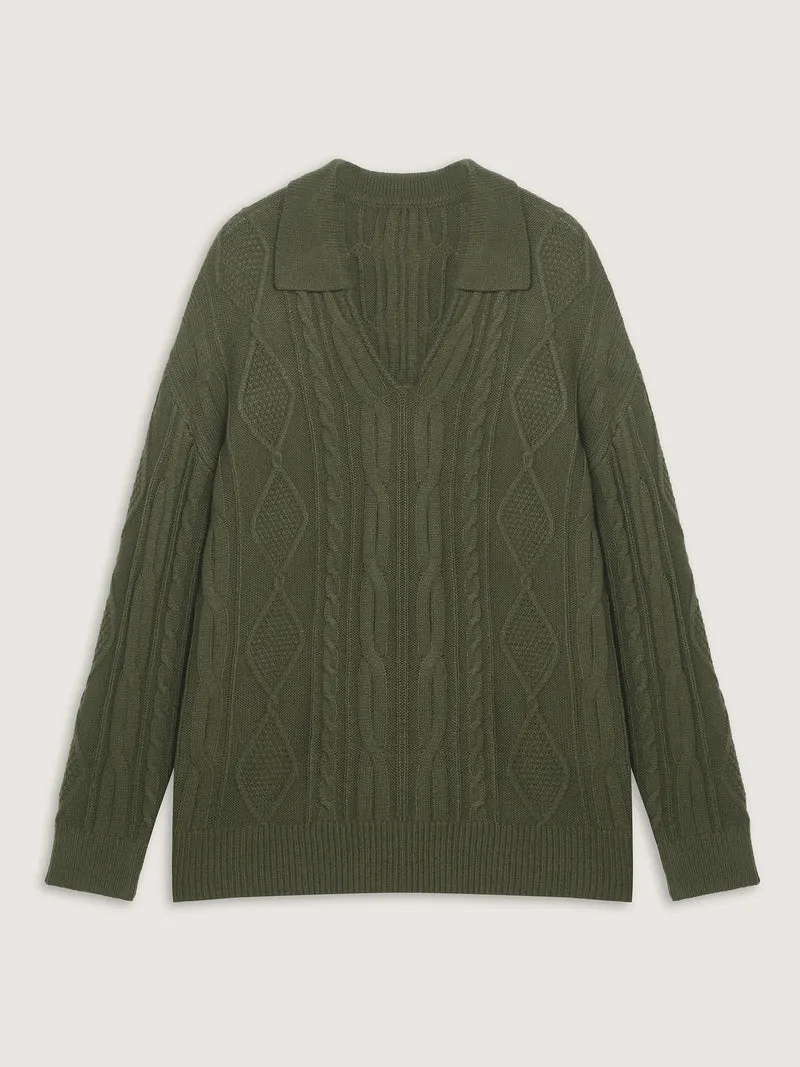 Cable Knit Polo Collar Pullover