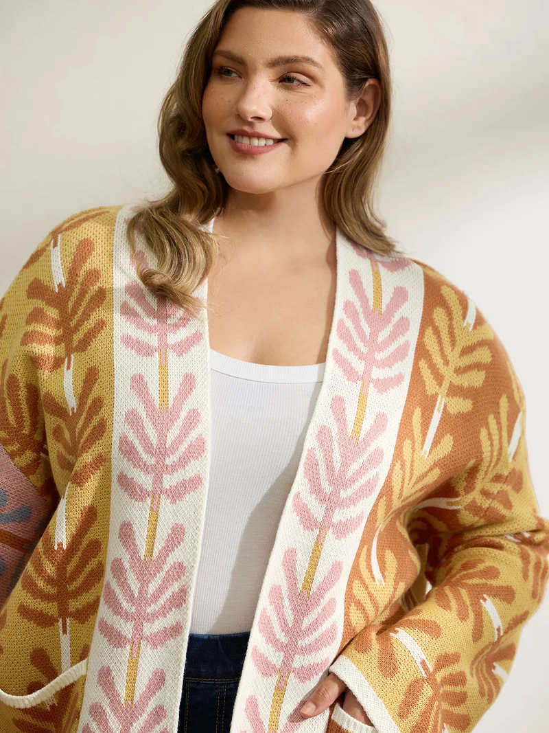 Leaf Jacquard Print Contrast Knit Cardigan