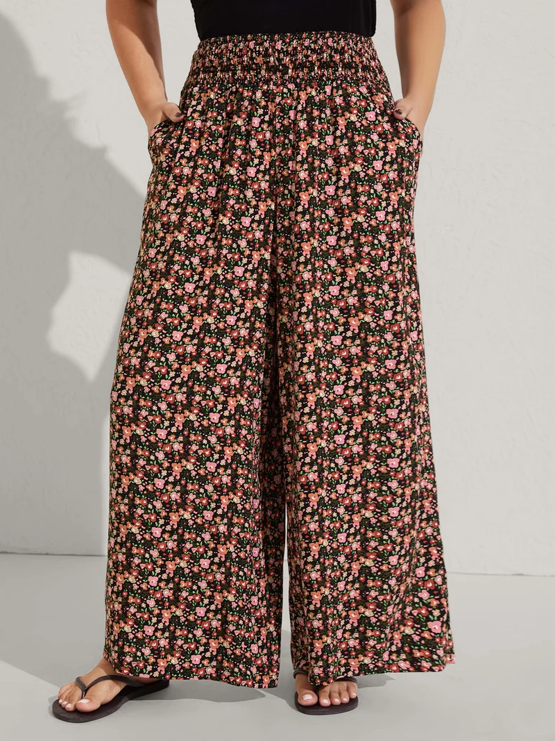 Shirred Waist Ditsy Floral Wide-Leg Pants