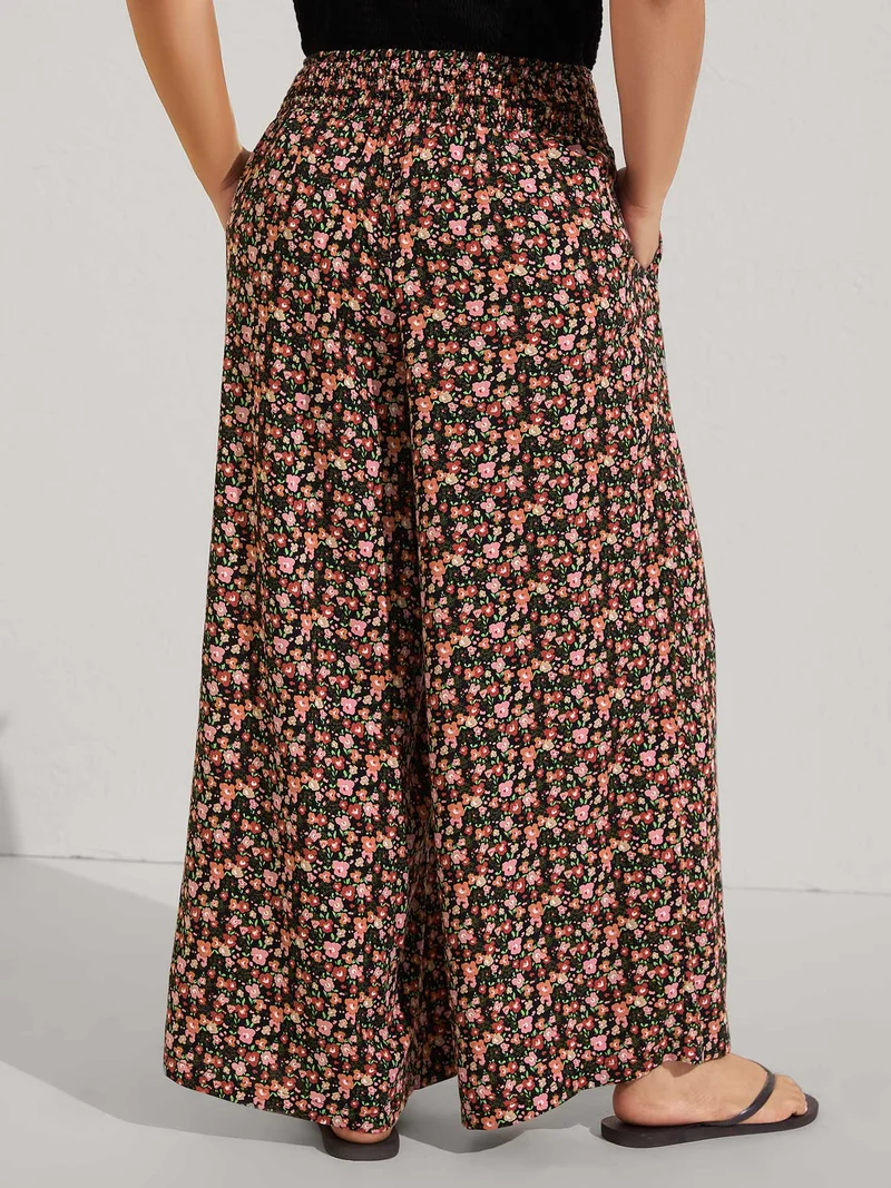 Shirred Waist Ditsy Floral Wide-Leg Pants