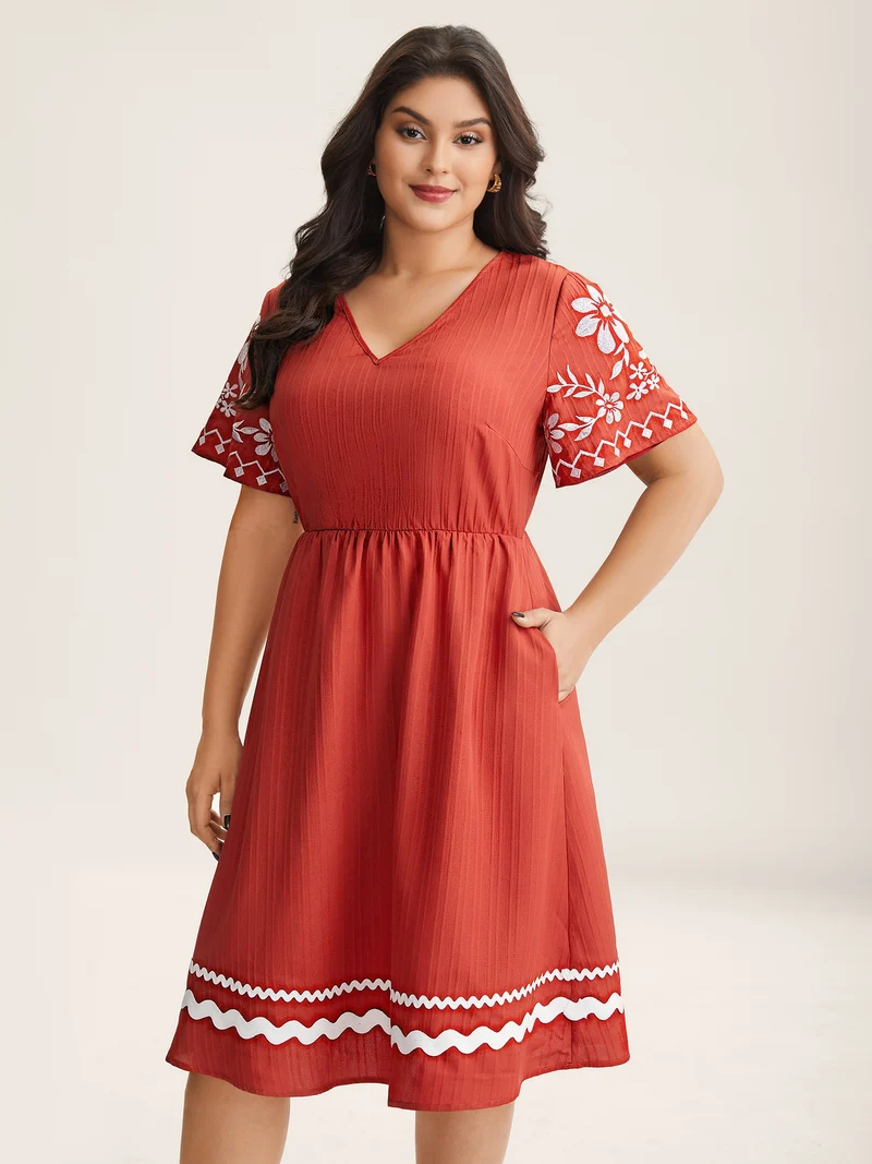 Embroidered Sleeve Cinched-Waist Midi Dress