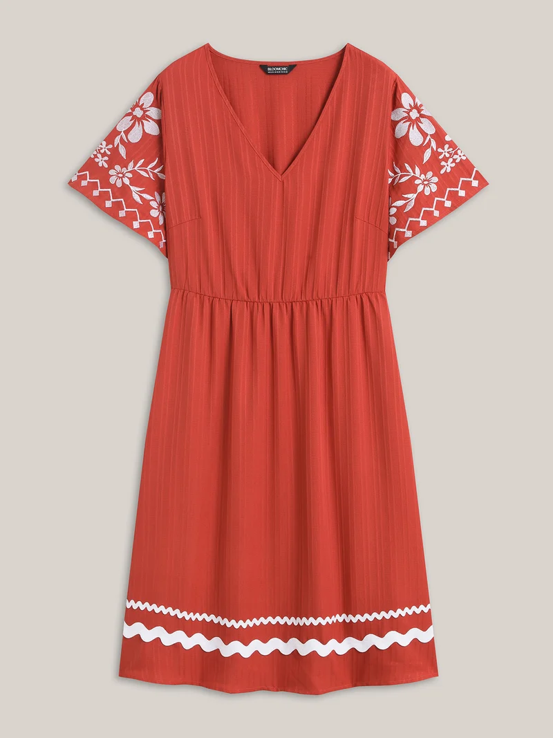 Embroidered Sleeve Cinched-Waist Midi Dress