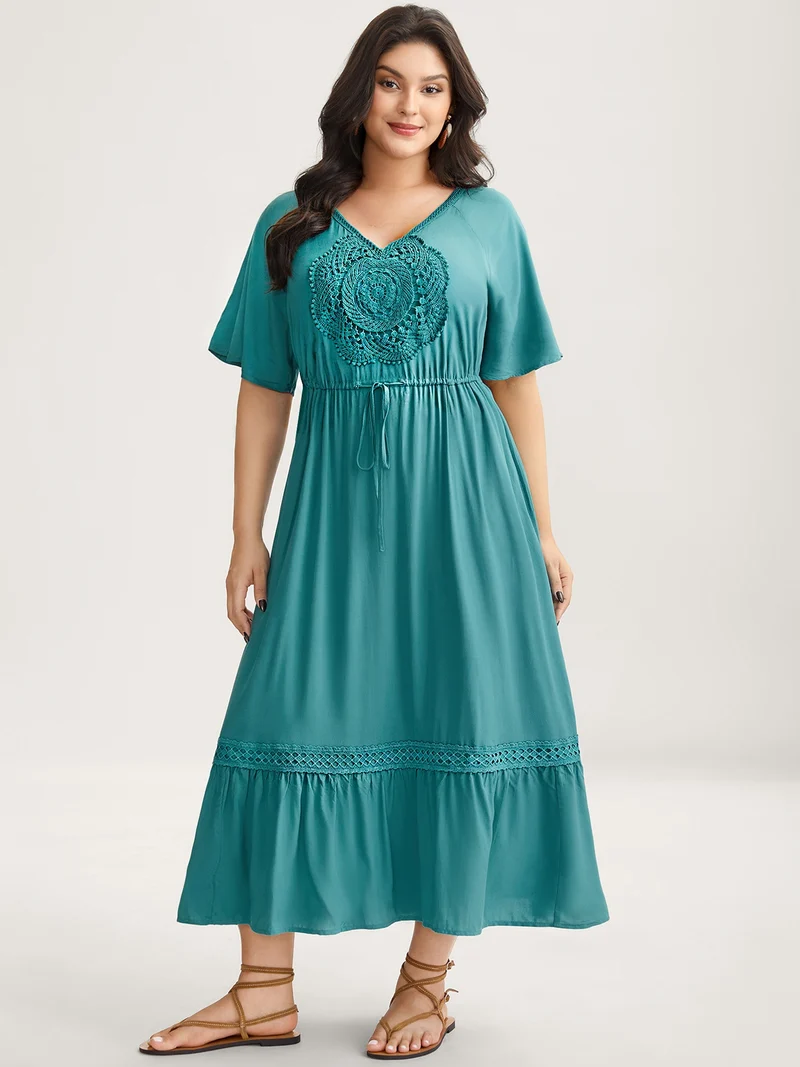 Rayon Lace Trim Waist Tie Midi Dress