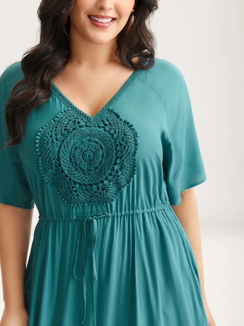 Rayon Lace Trim Waist Tie Midi Dress