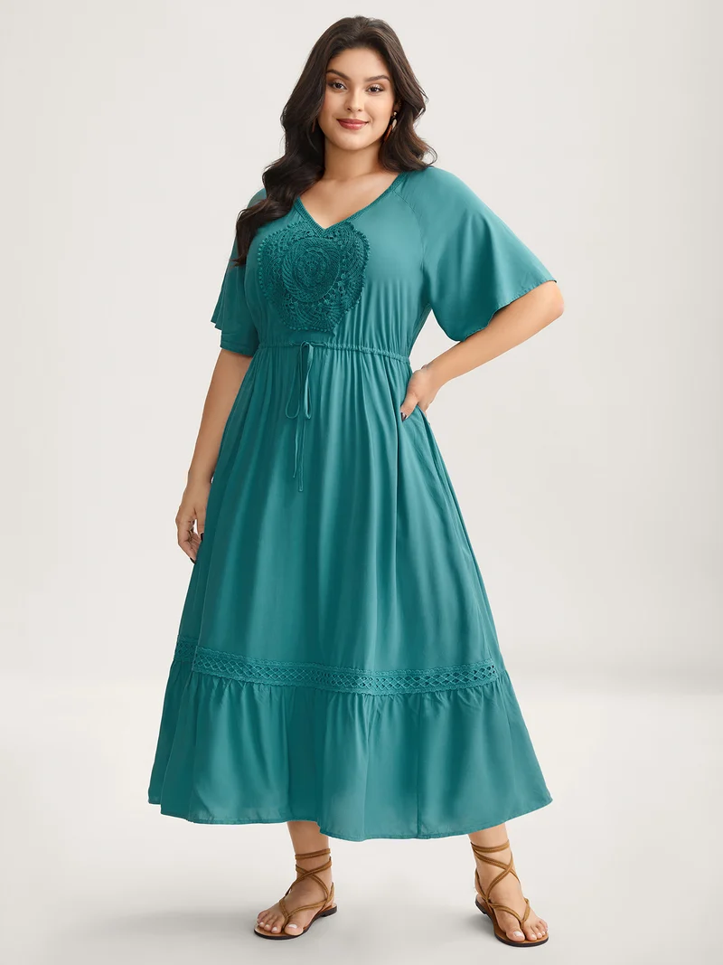 Rayon Lace Trim Waist Tie Midi Dress