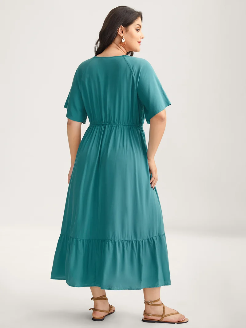 Rayon Lace Trim Waist Tie Midi Dress