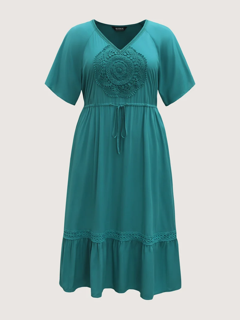 Rayon Lace Trim Waist Tie Midi Dress