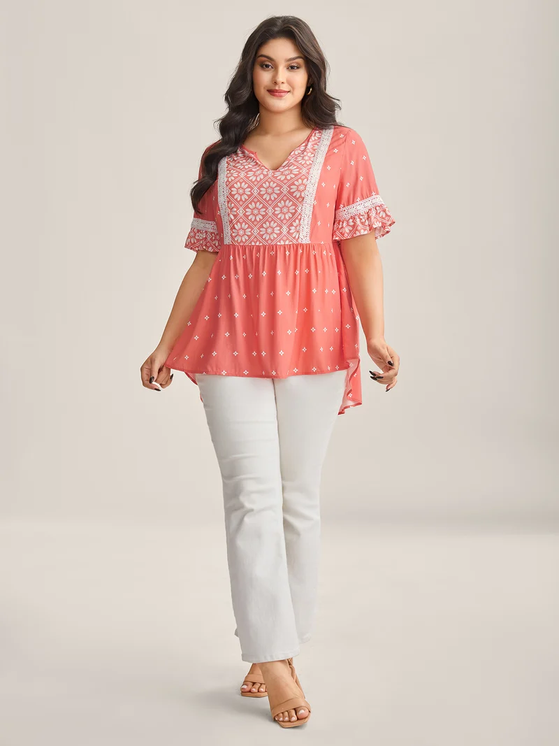 Boho Print Lace Babydoll Top