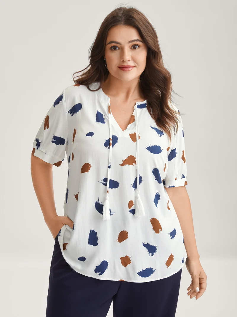 Brush Strokes Neck Tassels Blouse