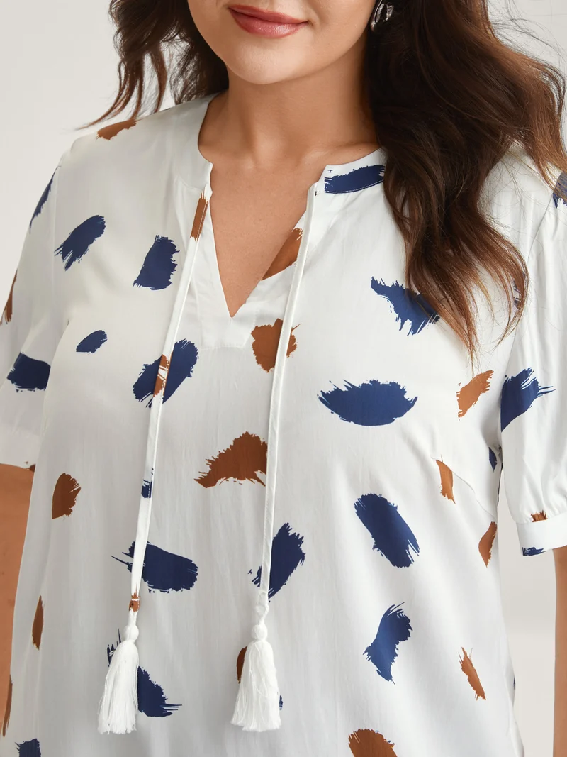 Brush Strokes Neck Tassels Blouse