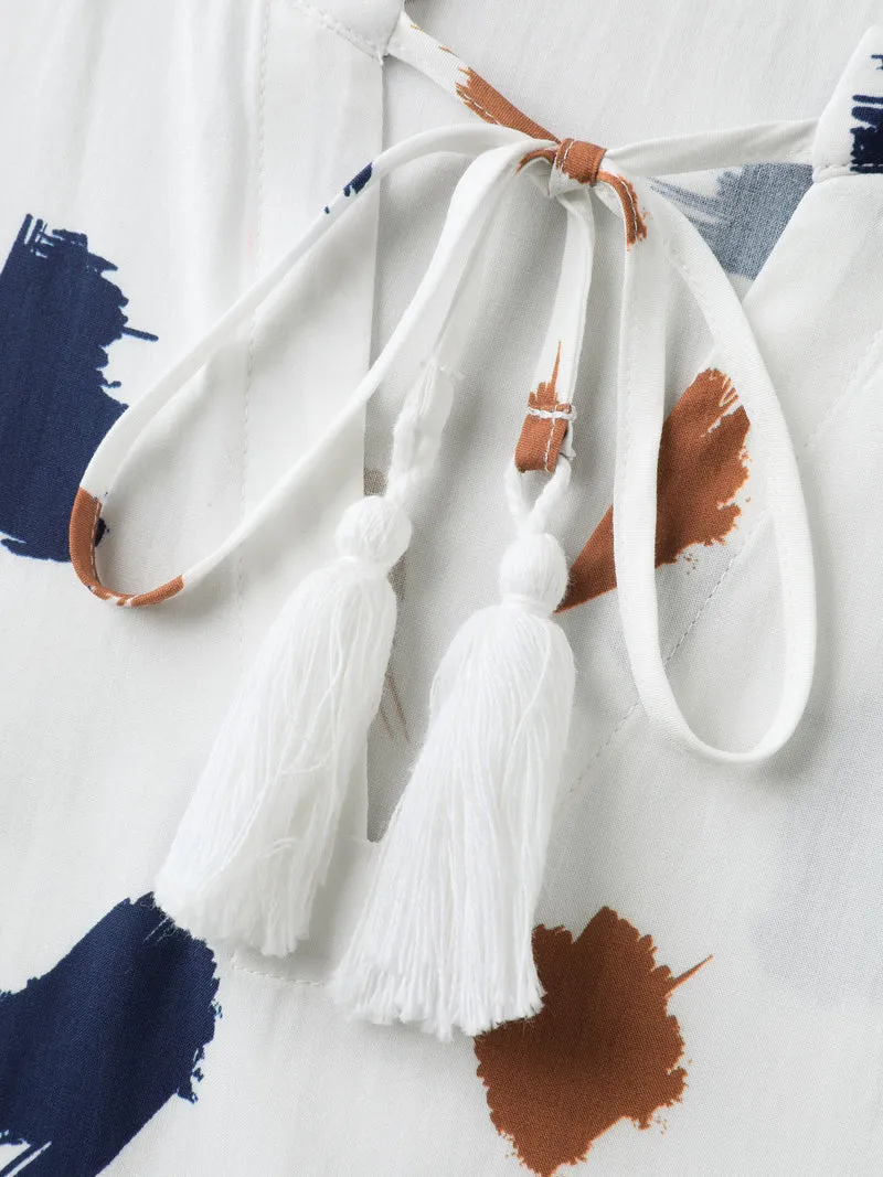 Brush Strokes Neck Tassels Blouse