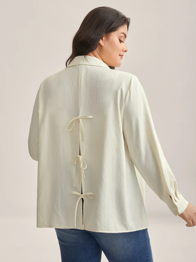 Bow Back Button Placket Solid Blouse