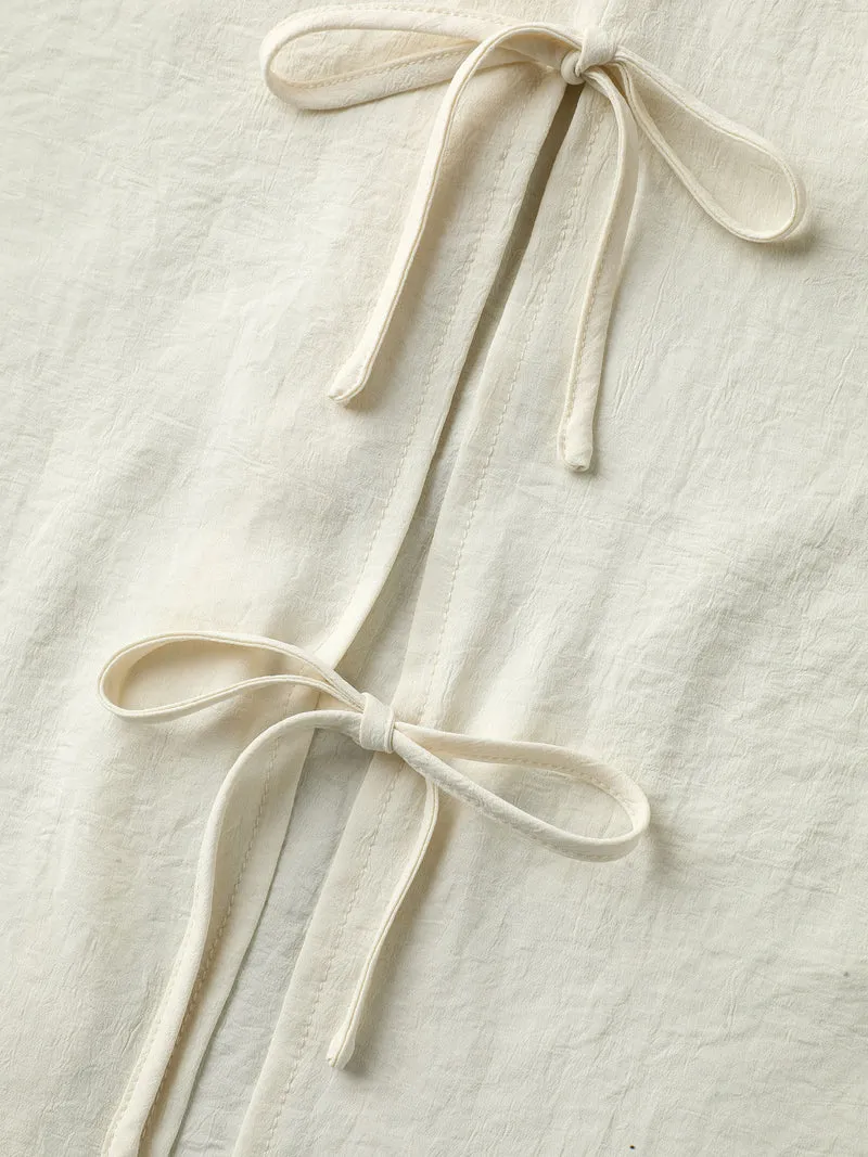 Bow Back Button Placket Solid Blouse