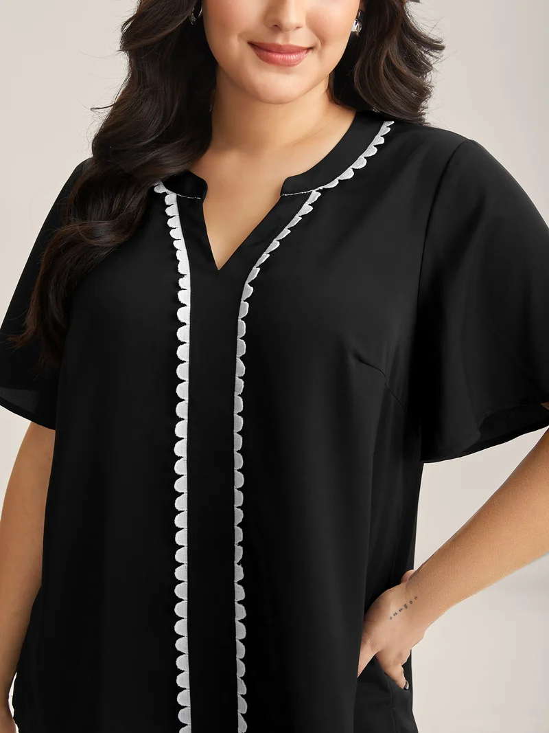 Lace Trim Notched Collar Solid Blouse