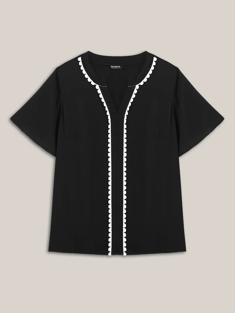 Lace Trim Notched Collar Solid Blouse