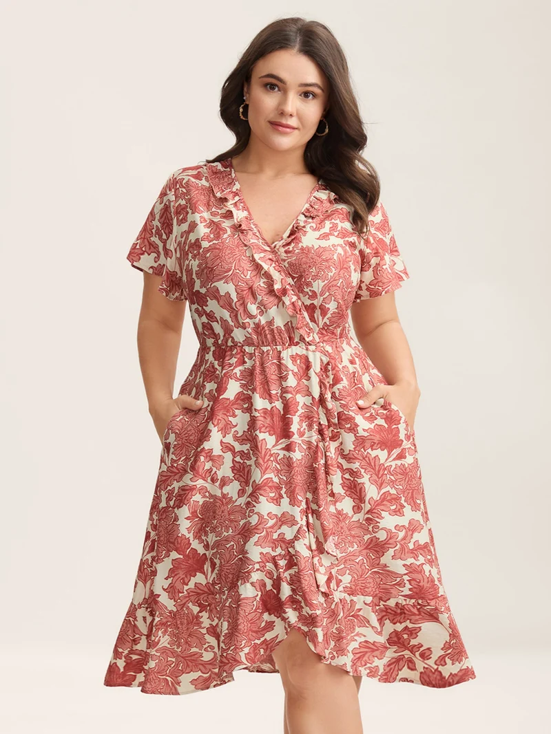 Floral Print Wrap Ruffled Midi Dress