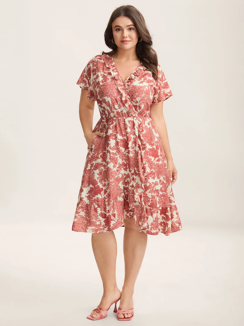 Floral Print Wrap Ruffled Midi Dress