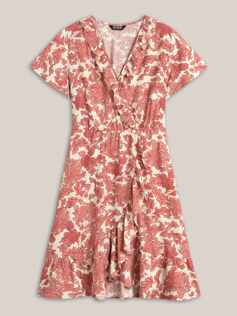 Floral Print Wrap Ruffled Midi Dress
