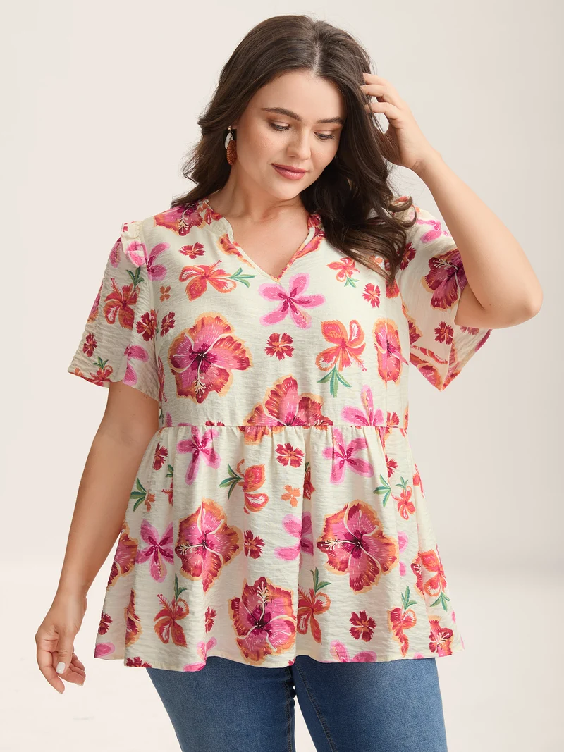 Large Floral Print Notched Collar Blouse