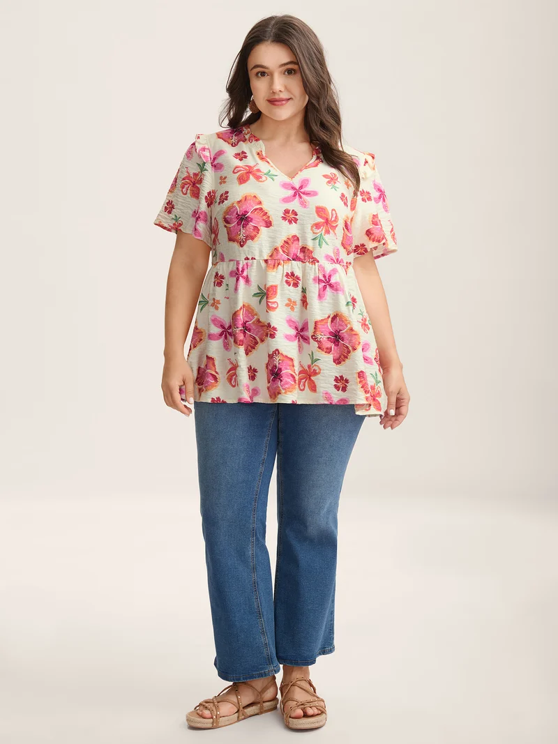 Large Floral Print Notched Collar Blouse