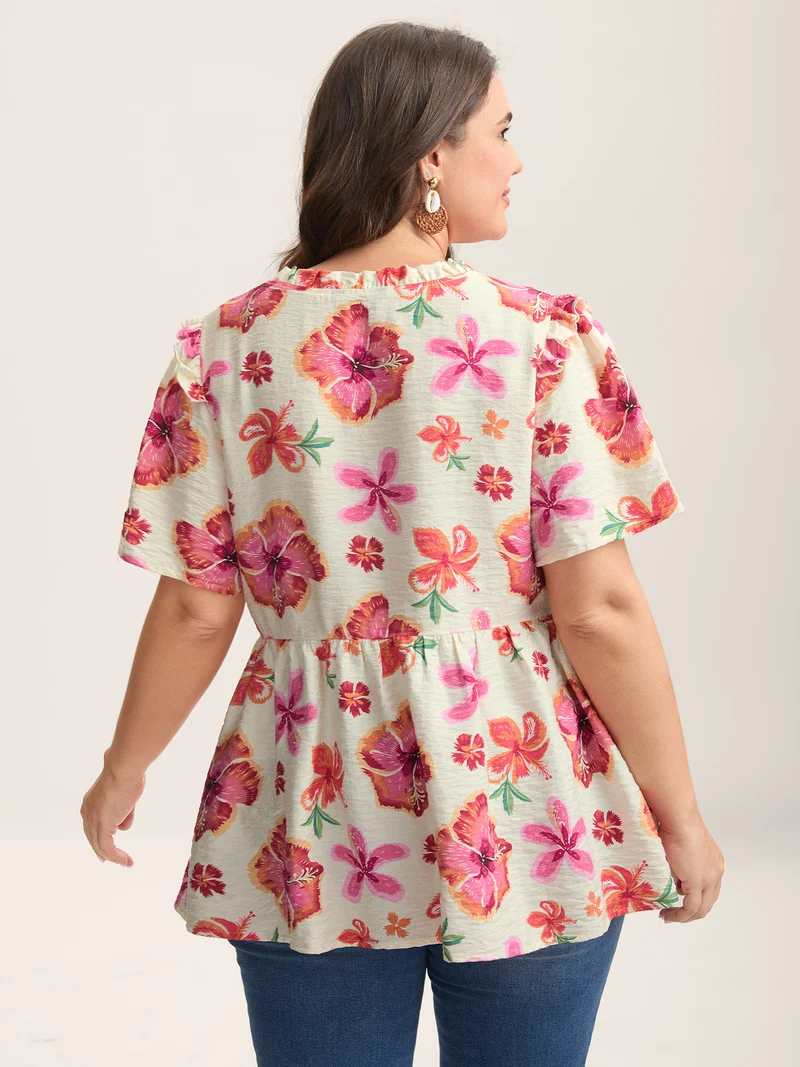 Large Floral Print Notched Collar Blouse