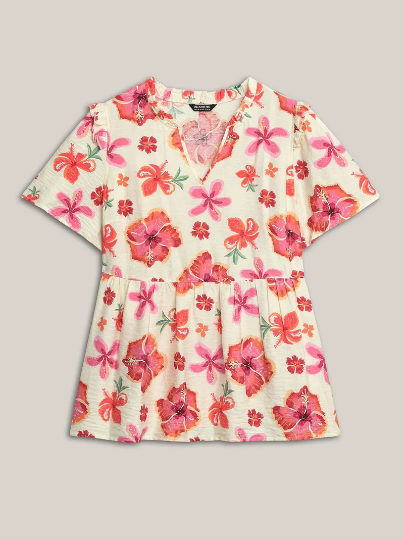 Large Floral Print Notched Collar Blouse