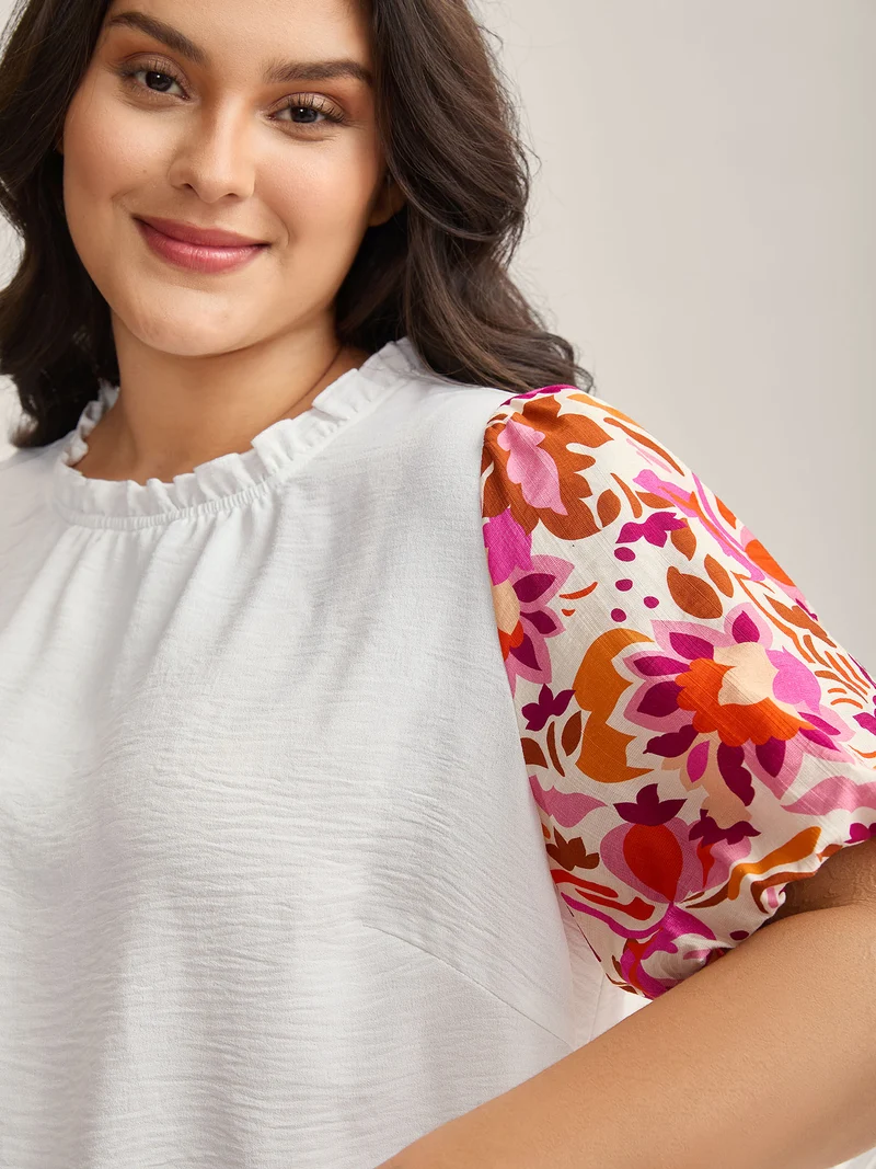 Floral Bubble Sleeve High-Neck Blouse