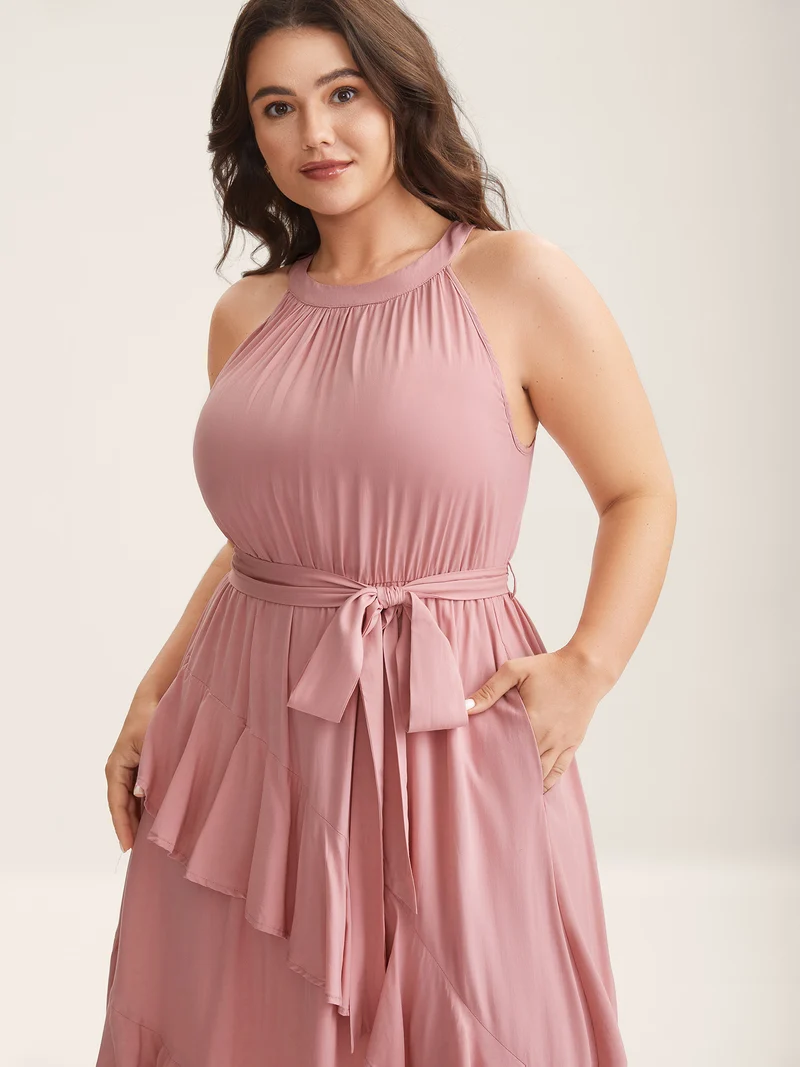 Ruffled Halter Neck Solid Midi Dress