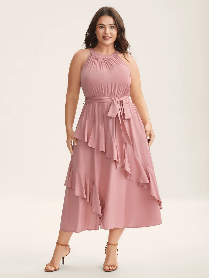Ruffled Halter Neck Solid Midi Dress