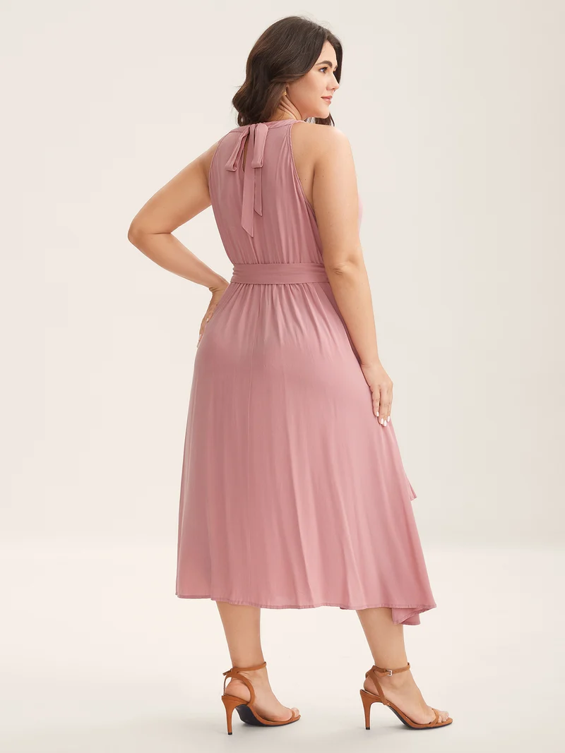 Ruffled Halter Neck Solid Midi Dress