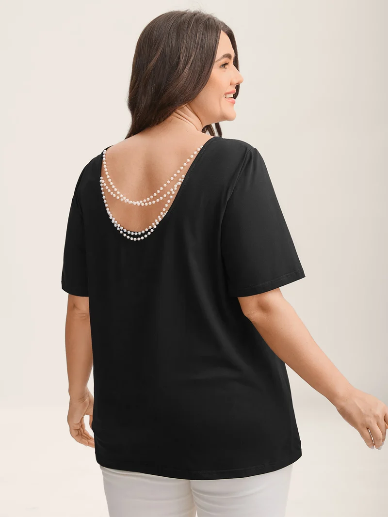 Cotton Backless Pearl Chain Stretchy T-Shirt
