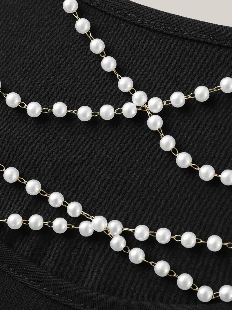Cotton Backless Pearl Chain Stretchy T-Shirt