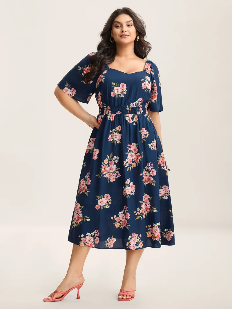Sweet Floral Print Shirred Waist Midi Dress