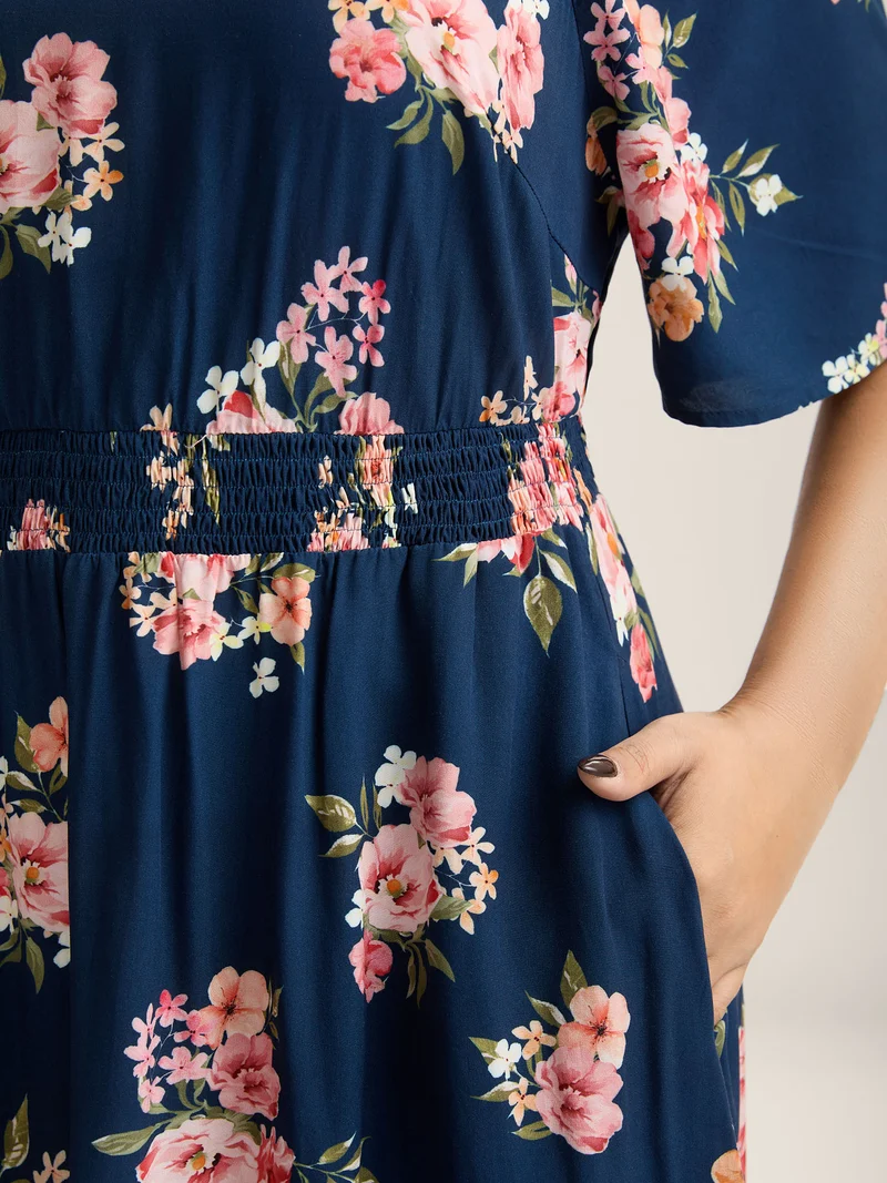 Sweet Floral Print Shirred Waist Midi Dress