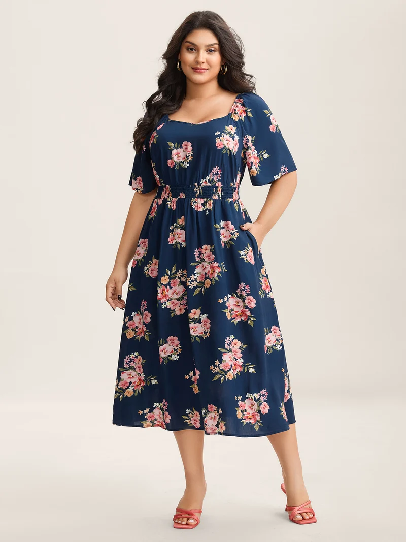 Sweet Floral Print Shirred Waist Midi Dress