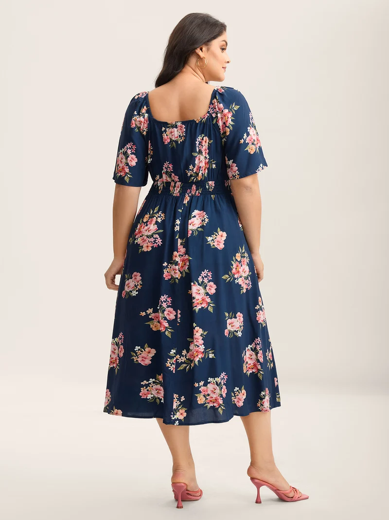 Sweet Floral Print Shirred Waist Midi Dress