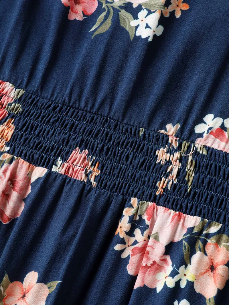 Sweet Floral Print Shirred Waist Midi Dress
