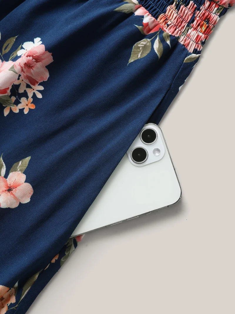 Sweet Floral Print Shirred Waist Midi Dress