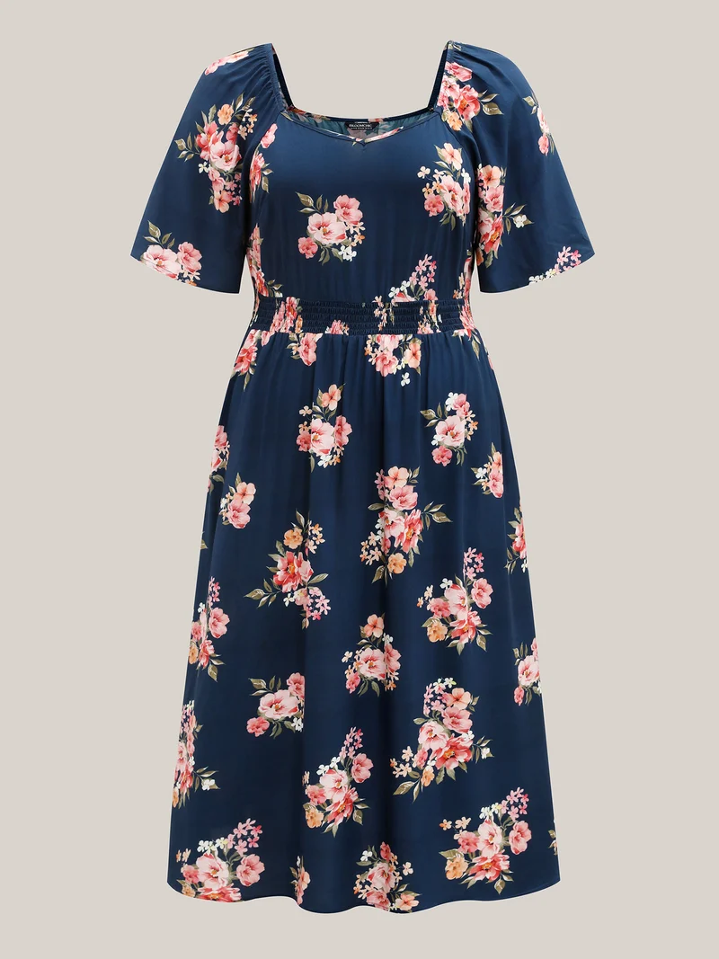 Sweet Floral Print Shirred Waist Midi Dress