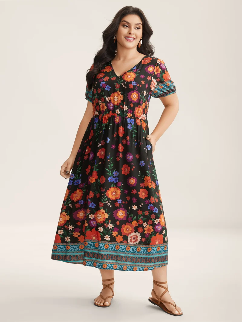 Colorful Floral Print V-Neck Midi Dress