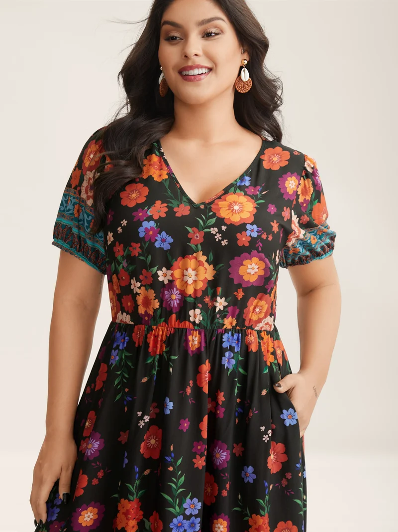 Colorful Floral Print V-Neck Midi Dress